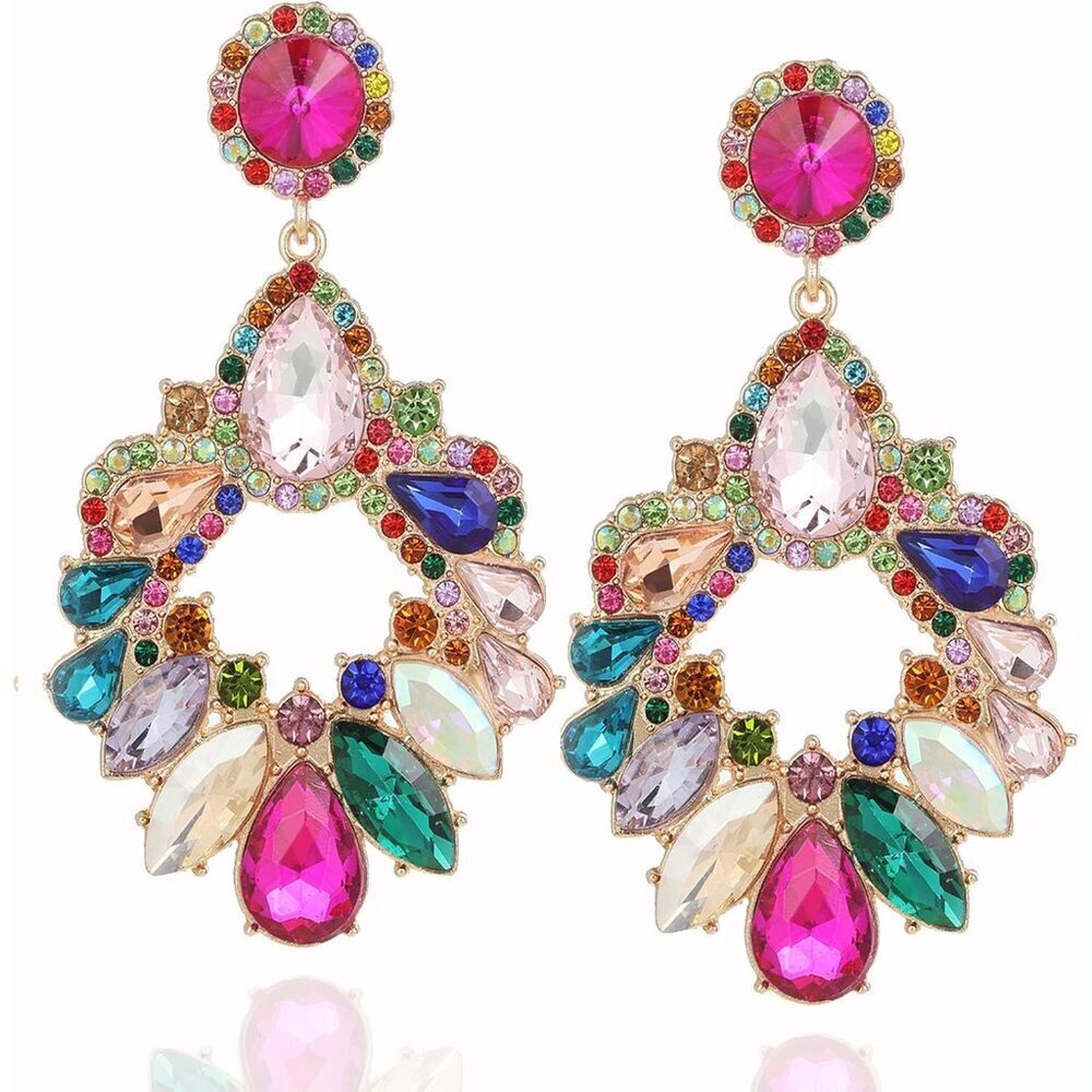 Fashion Rhinestone Drop Dangle Earrings Large Colorful Crystal Jewelry for Women